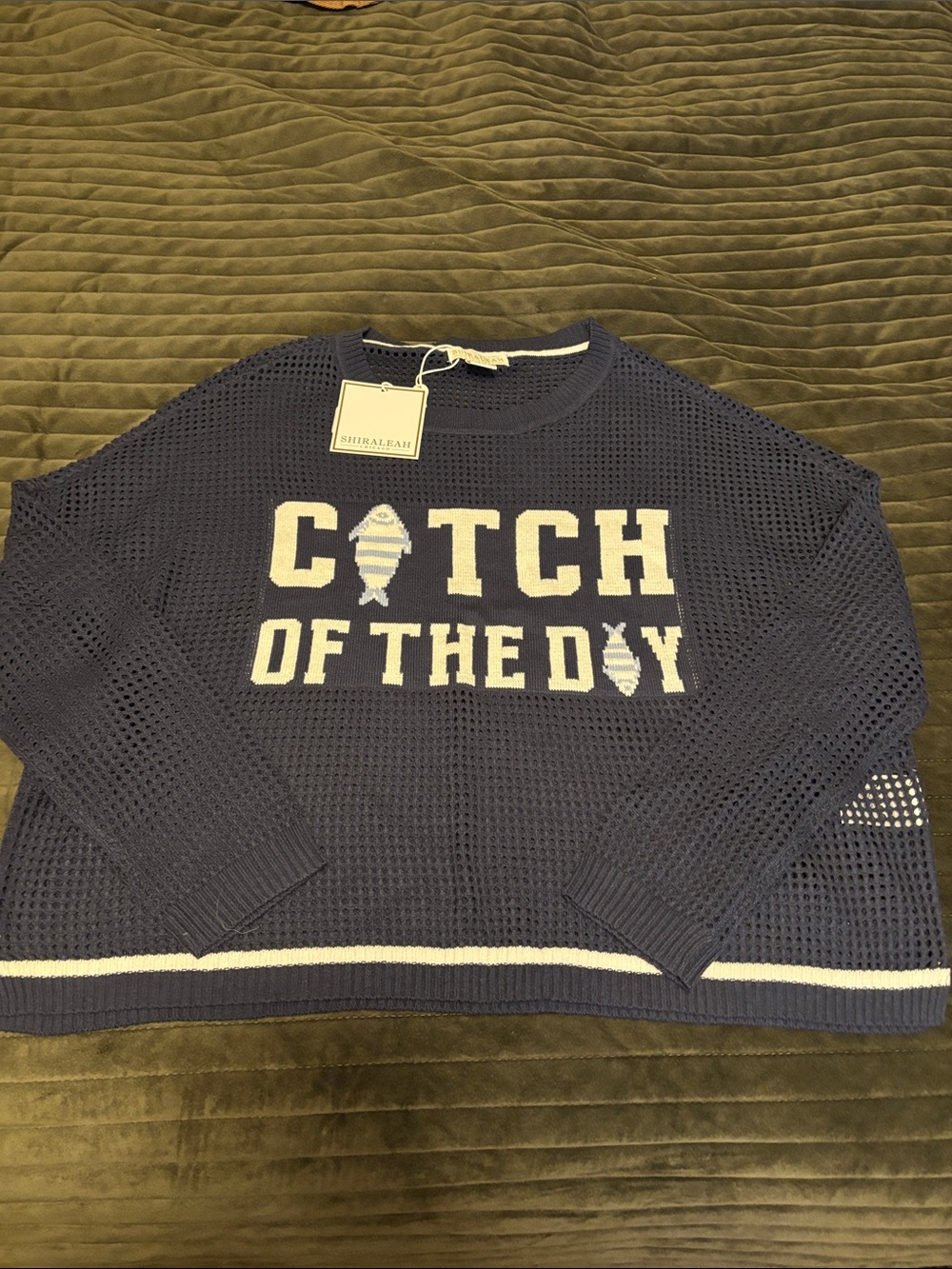 Shiraleah Navy and White 'Catch of the Day' Crewneck Sweater